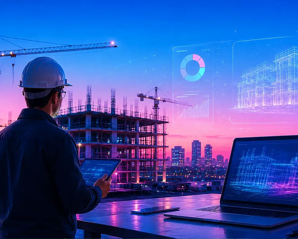 Engineer using a tablet and drone for site monitoring